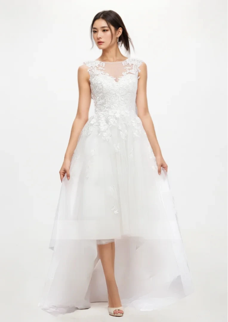 

Modern A-line Wedding Gown Illusion Neck Sleeveless Satin Tulle Lace Sequins Asymmetrical Beach Bridal Gown 2025 free customized