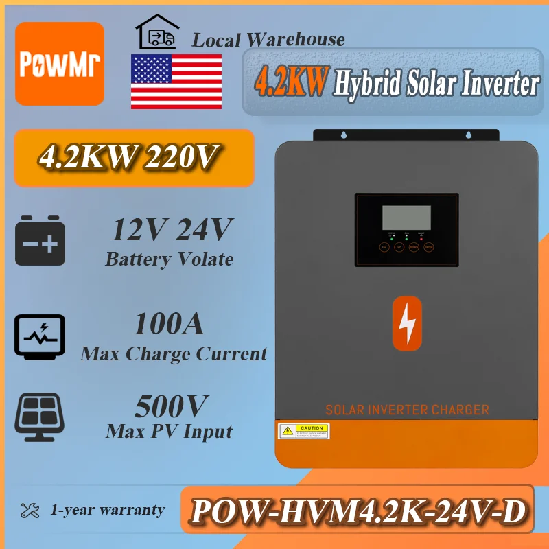 PowMr 4.2KW Off Grid Inverter 12V/24VDC to 220VAC PV 500V 100A MPPT Charger Controller Pure Sine Wave Inverter for Solar System