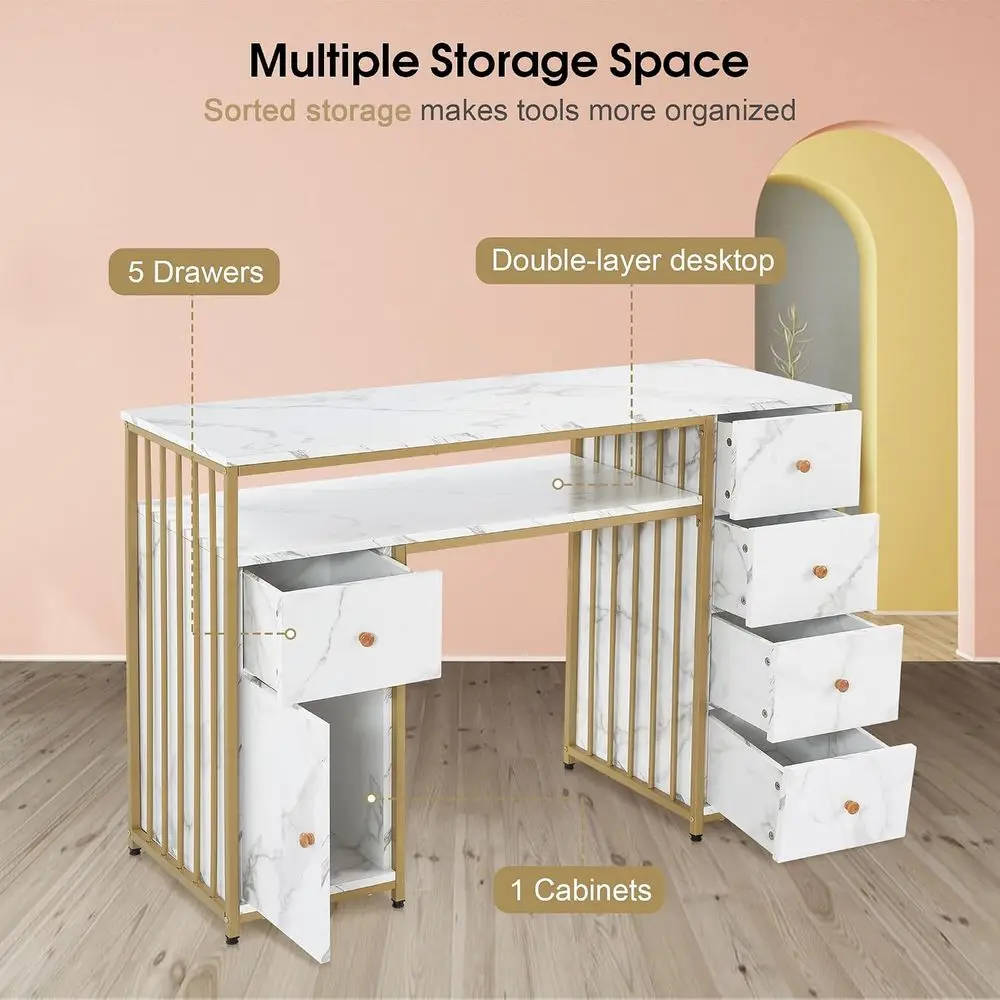 White Nail Desk with Storage Cabinet, Manicure Table, 5 Drawers, Makeup Storage, Home Beauty & Spa Workstation image 5