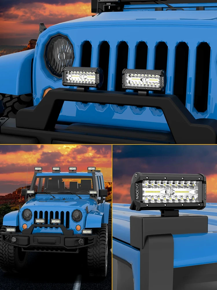 NAOEVO 7 inch LED Light Bar 240W 24000LM 4x4 Offroad Spot Flood Combo Fog LED White Yellow Work Lights for Truck Boat UTV ATV