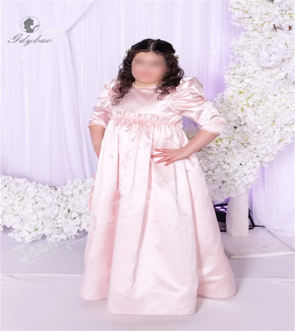 Vestido de niña de flores de satén rosa, decoración de bolsillo para boda, cuello redondo, vestido para ocasión Formal, personalización de primera comunión de princesa