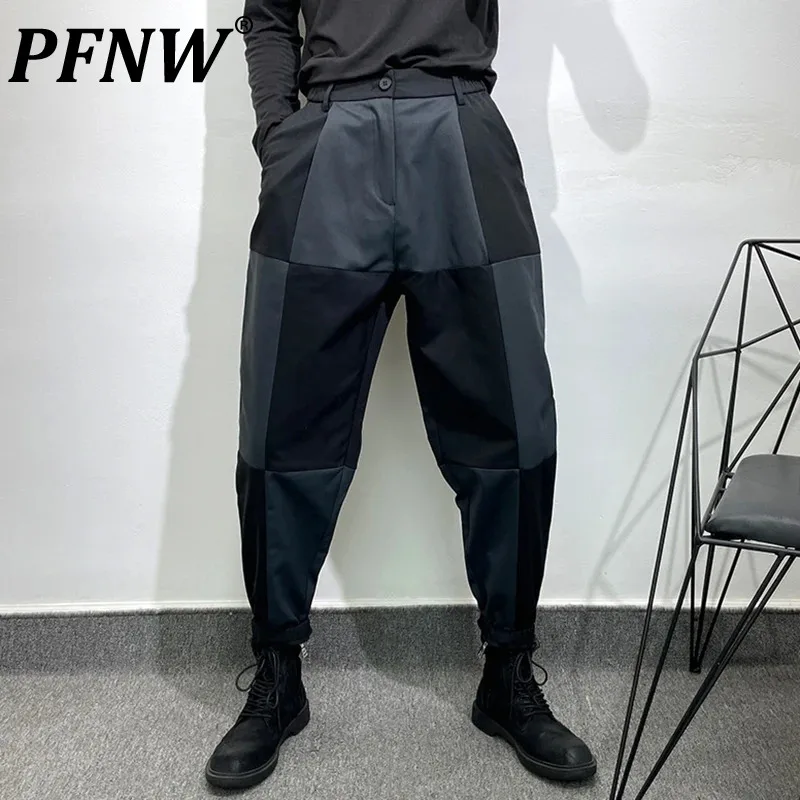 

PFNW Dark Style Male Cargo Pants Plaid Binding Leg Button Menwear Stitched Elastic Waist Male Trousers Personality Summer 12C264