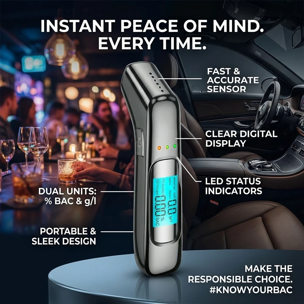 Non-contact Alcohol Tester High Precision Breathalyzer Alcometer USB Rechargeable LCD Display Digital Portable Alcohol Detector