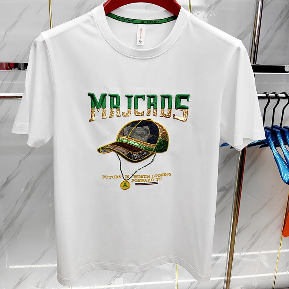 T-shirt da uomo nuova estiva con ricamo di paillettes lettera cappello Design t-shirt da uomo di alta qualità pesante artigianato tendenza abbigliamento da uomo di marca