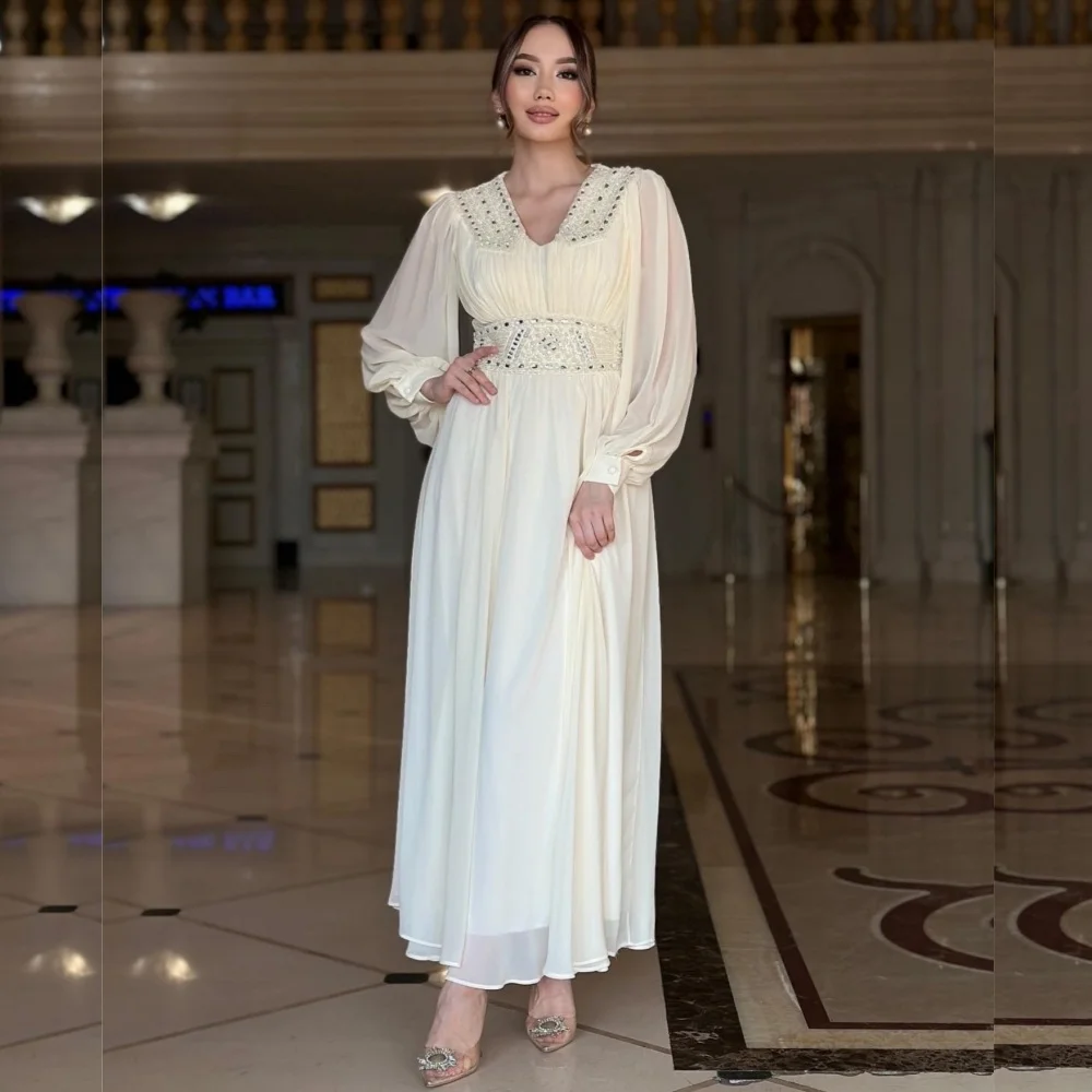 

Customized High Quality Chiffon Sequined Pleat A-line V-neck Midi Dresses Bespoke Occasion Exquisite Sexy