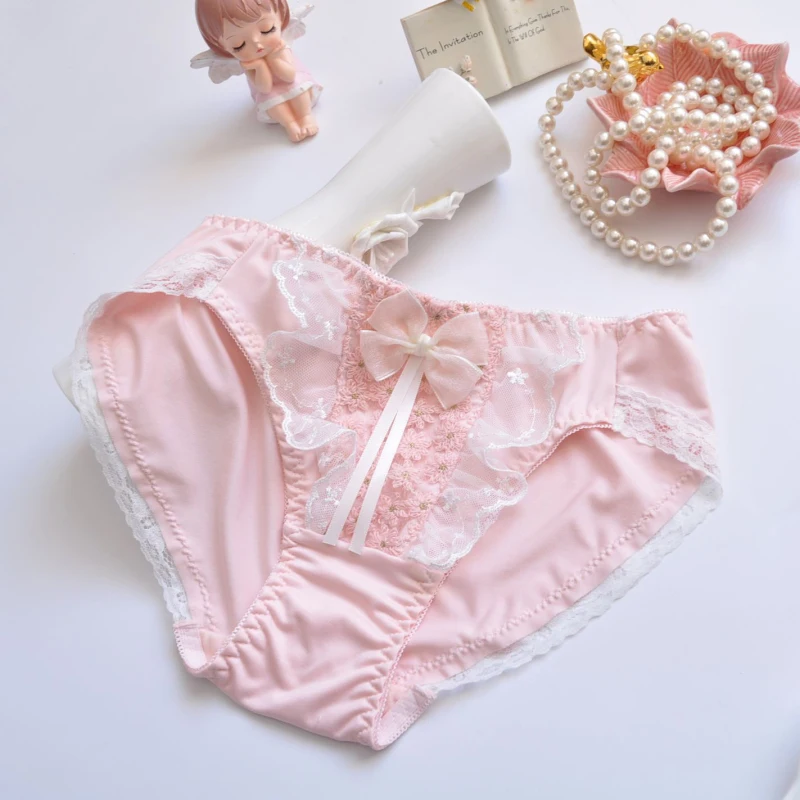 Cute Lovely Sweety Princess Style Lolita Cosplay Underwear Milk Silk Ruffles Bow Stretch Embroidery Panties Breathable Breifs