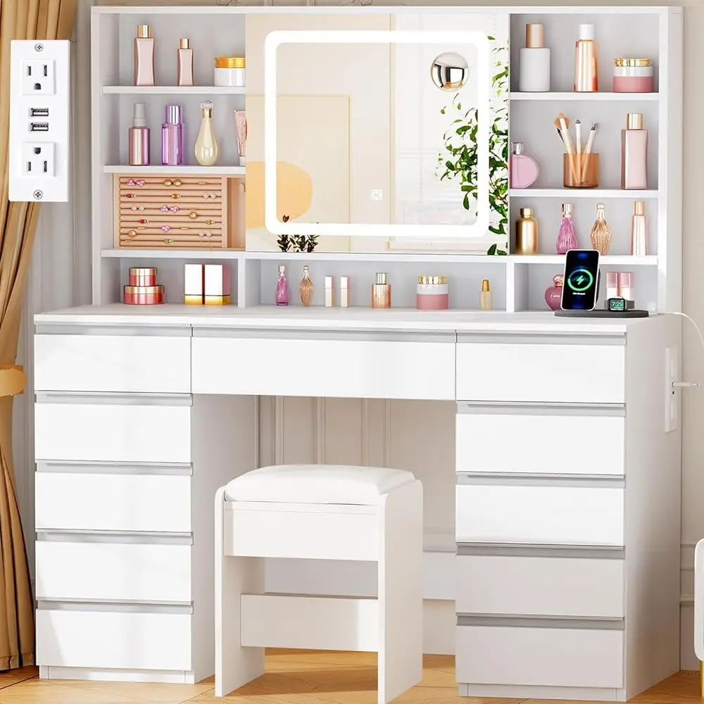 43 Large Makeup Vanity Desk with Sliding Mirror, 11 Drawers, 6 Shelves, 3-Color Lights, Stool, and Power Outlet for Girls