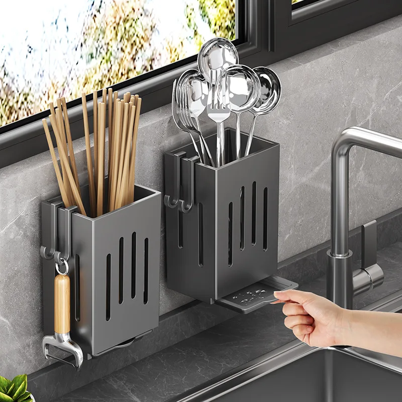 Kitchen Cutlery Organizer Wall Mounted Spoon Fork Drain Rack Freestanding Tableware Organizer Box Plastic Chopsticks Container