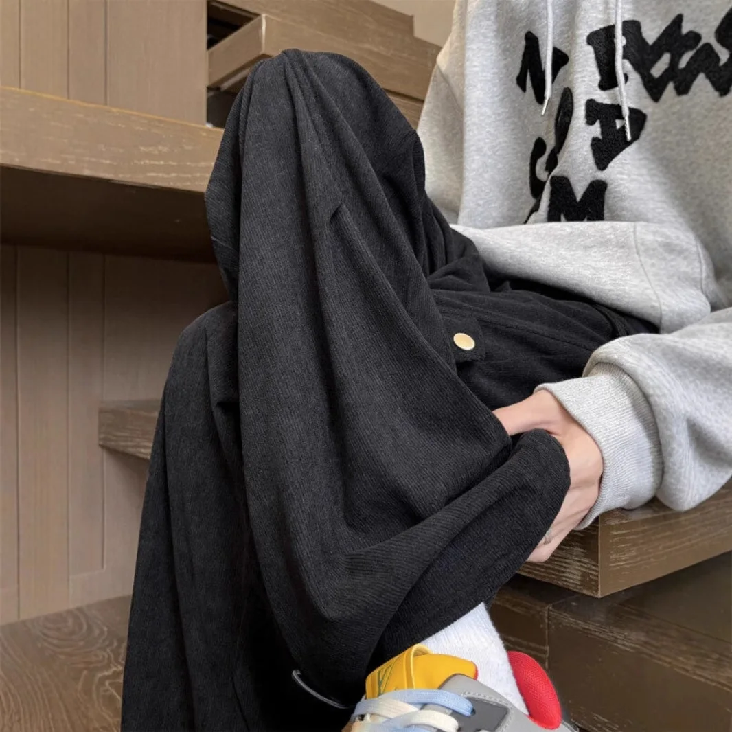 Four Seasons New Fashion Men's Casual Trendy Solid Color Corduroy Cargo Pants Loose Wide Leg Sweatpants Male Trousers Streetwear
