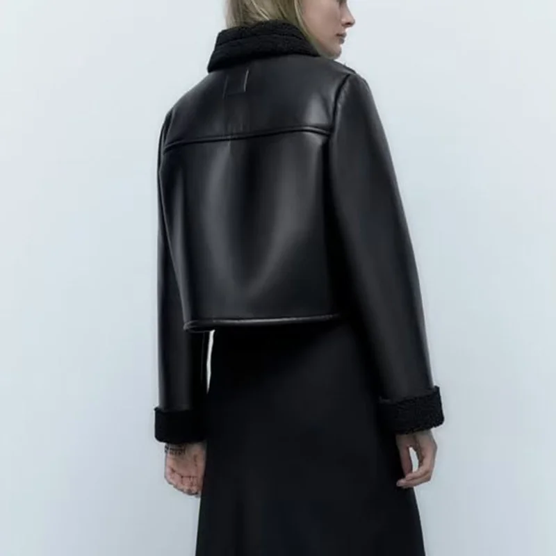 Veste en cuir PU pour femme, manteau en fourrure noire, en molleton d'agneau, Double face, à simple boutonnage, nouvelle collection automne hiver 2023