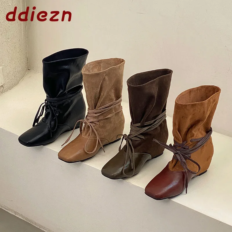 New Square Toe Short Ladies Ankle Booties Fashion Lace Up Female Height Increasing Footwear Woman Western Boots Shoes Winter
