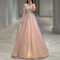 Strapless Sequined Mesh Evening Dress for Women Boat Neck Sparkle Pink Party Formal Dresses Elegant Prom Ball Gown Vestido