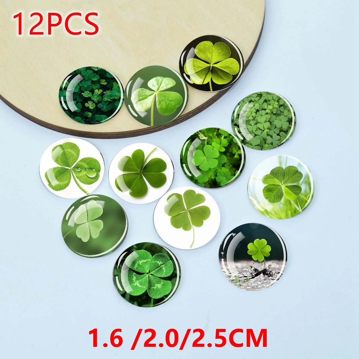 12PCS 12PCS Four‑Leaf Clover Pattern Glass Cabochons Flat Back Beads for DIY Pendant Bracelet Jewelry Findings 16MM /20MM /25MM
