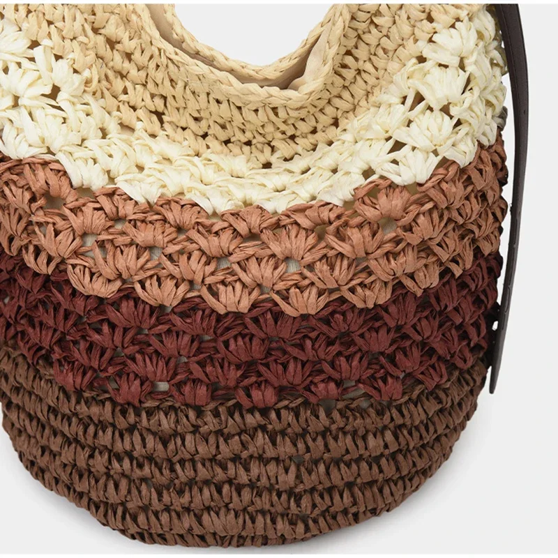 Gestreifte Colorblock-Strohtasche zum Umhängen, handgefertigte Bucket Bag für den Strandurlaub, Damen Sommer Casual Handtasche mit Farbkontrast – Detail 4