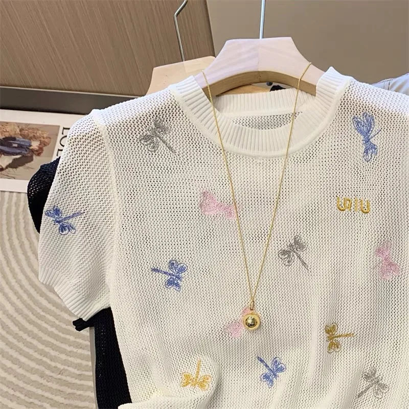 Summer New Hollow Out Knitted Short Sleeve Women Vintage Casual Bufferfly Embroidery O-neck T-shirt Chic Letter Commute Top