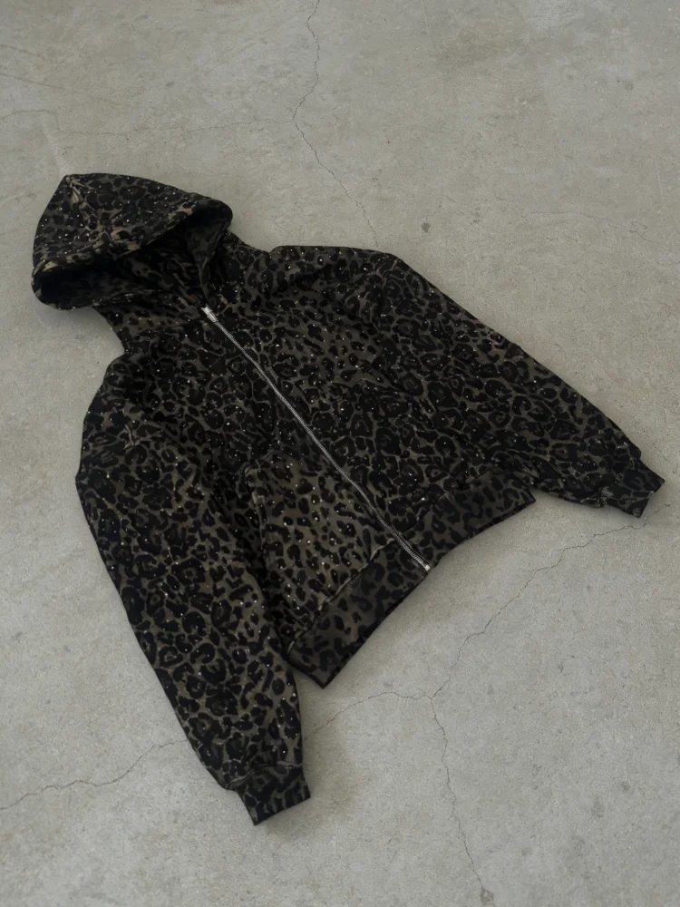 

Женская укороченная толстовка на молнии с леопардовым принтом и стразами, оверсайз, в стиле Y2K, уличная мода 2026