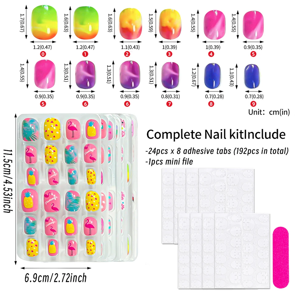 8 cajas (192 piezas) de uñas postizas infantiles con arcoíris, caballos, estrellas y flores, cortas y cuadradas, para niñas 6