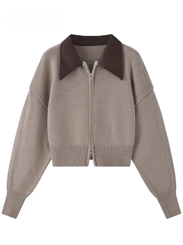 

J Double Zipper Loose Knitted Cardigan Women's Collar Leather Trimmed Open-irt Sle Regular Sve Long Coat