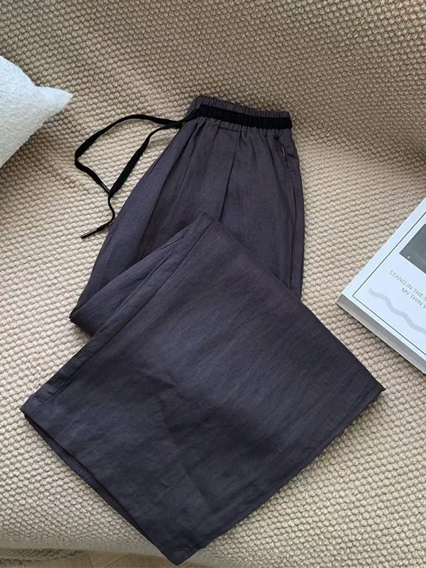 

New 2026 High Waist Drawstring Casual Linen Pants Color Block Loose Fit Slimming Nine Point Straight Leg Trousers for Women