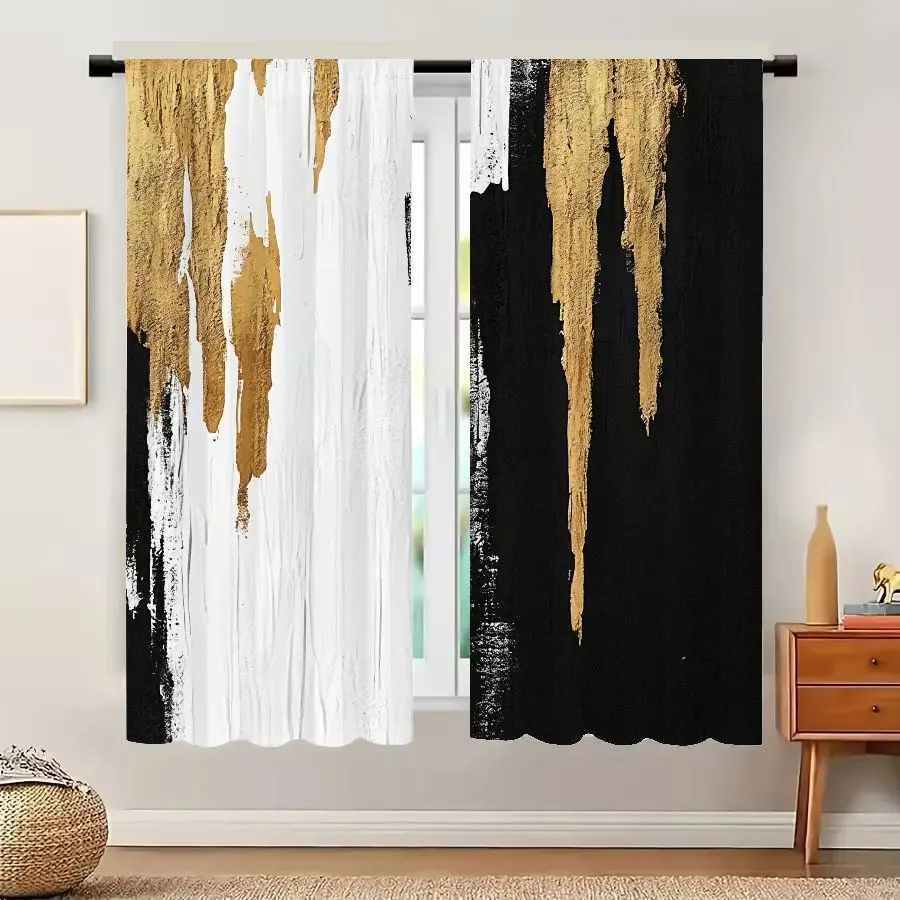 

2pcs Curtains Abstract Vertical Stripes Black White Gold Window Drapes for Bedroom Living Room Decorative Window Treatment