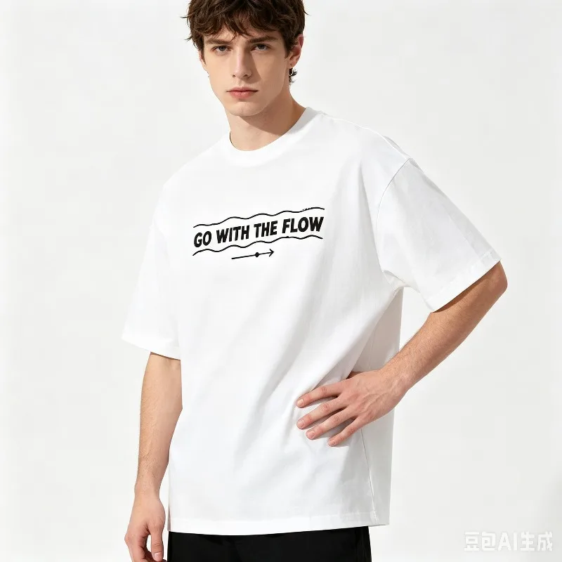 Men Go With The Flow Slogan T-Shirt Wave Arrow Camping Fishing SUP Skate Rock Short Sleeve White Black Casual Tee view 4