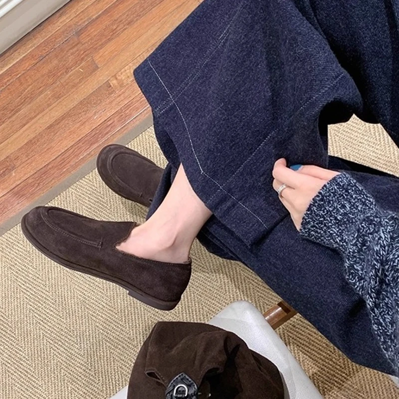 جلد الغزال المتسكعون امرأة جولة تو الانزلاق على عادية شقة امبسوول أحذية السيدات شتاء دافئ الفراء لينة في الهواء الطلق المشي الأحذية #6