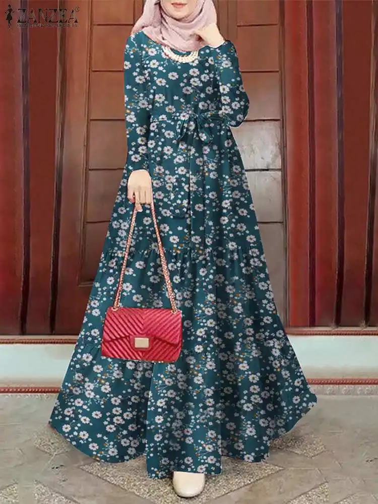 Vintage Muslim Dress ZANZEA Elegant Abaya Spring Floral Printed Vestidos Robe Femme Long Sleeve O-Neck Maxi Sundress Oversize