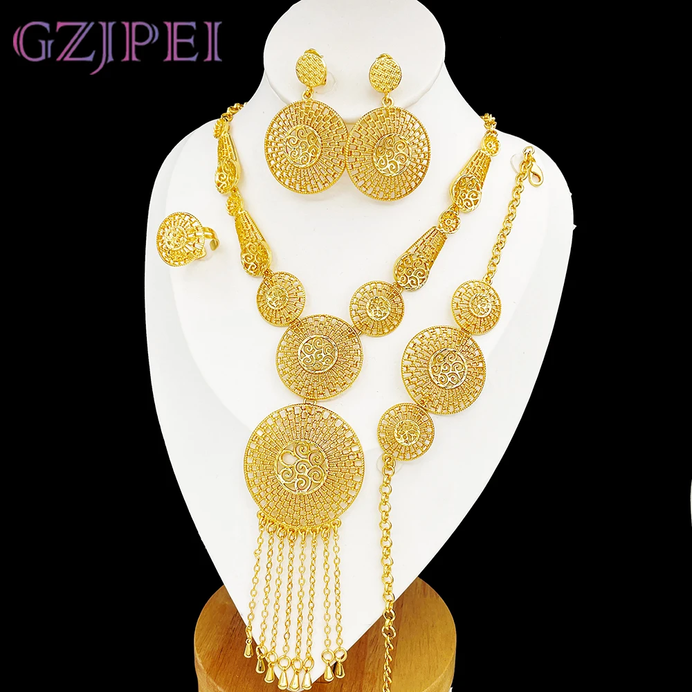

GZJPEI 4Pcs Gold Color Tassel Jewelry Set Nigerian African Long Chain Necklace Earring Bracelet Ring For Women Wedding Gift 2025