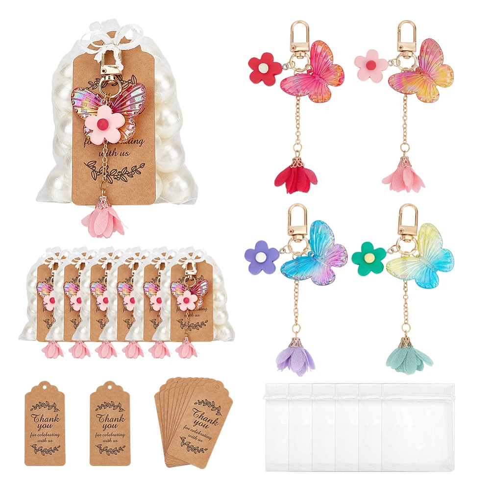 24 Sets Butterfly Party Favors 4 Colors Colorful Butterflies Keyring Organza Gift Bags Guest Return Favors with Thank You Tags