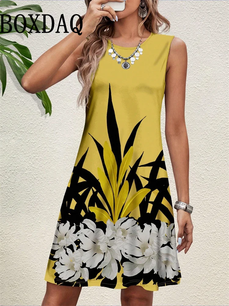 2025 novo sem mangas 3d flor impresso vestidos curtos femininos verão casual vestidos femininos streetwear moda solta vestidos curtos