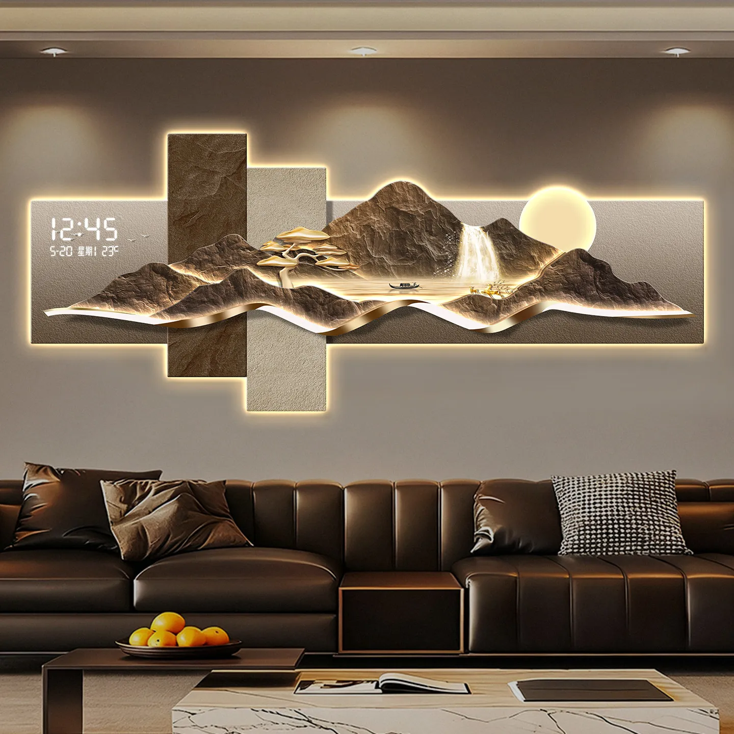 Modern Back Backed Living Room Decoration Painting Led Electronic Clock Sofa Room Hanging Painting Landscape Luster Wall Lamp