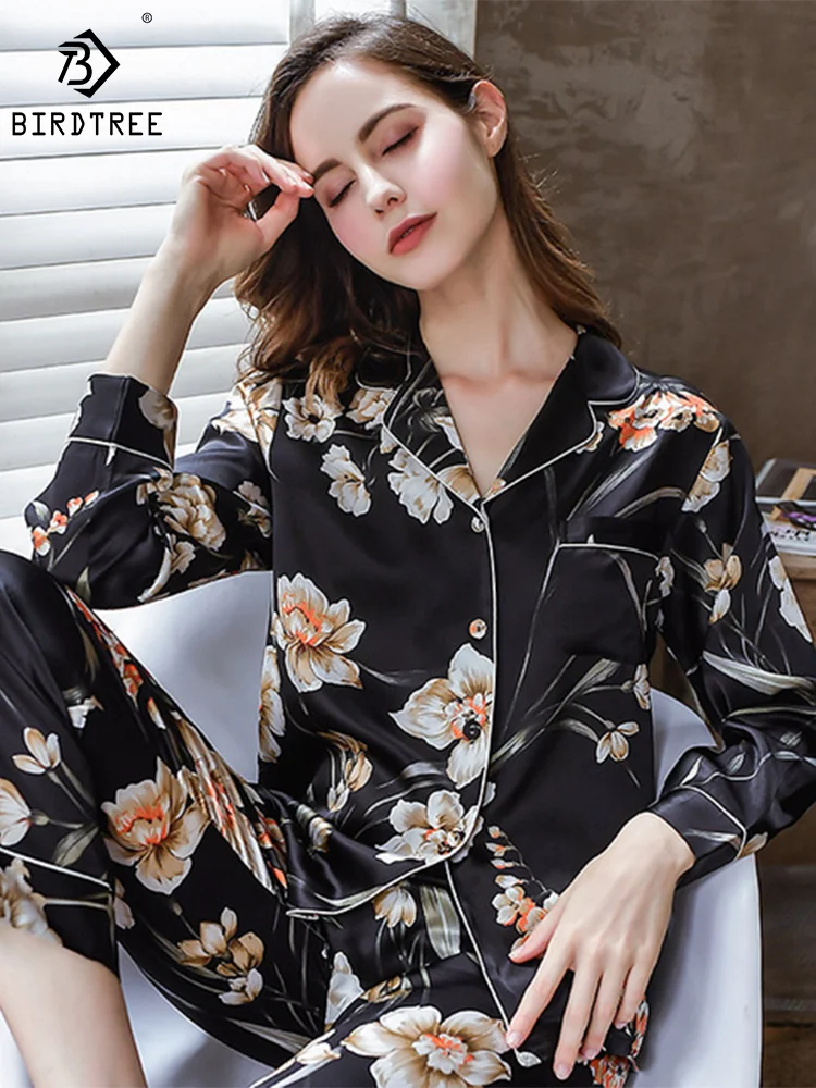 

Birdtree 6A 16 MM 100% Mulberry Silk Pajamas Women Real Silk Pajama Sets Sleepwear Floral Printed Long Sleeve Pyjamas P36709QM