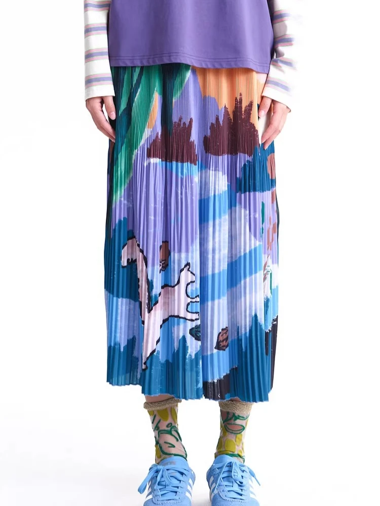 

Модная юбка-трапеция MOVEUP с принтом для женщин, весна 2026, новая коллекция, на эластичной талии, с ярким принтом, плиссированная, свободная, повседневная, миди, 3ELC20609