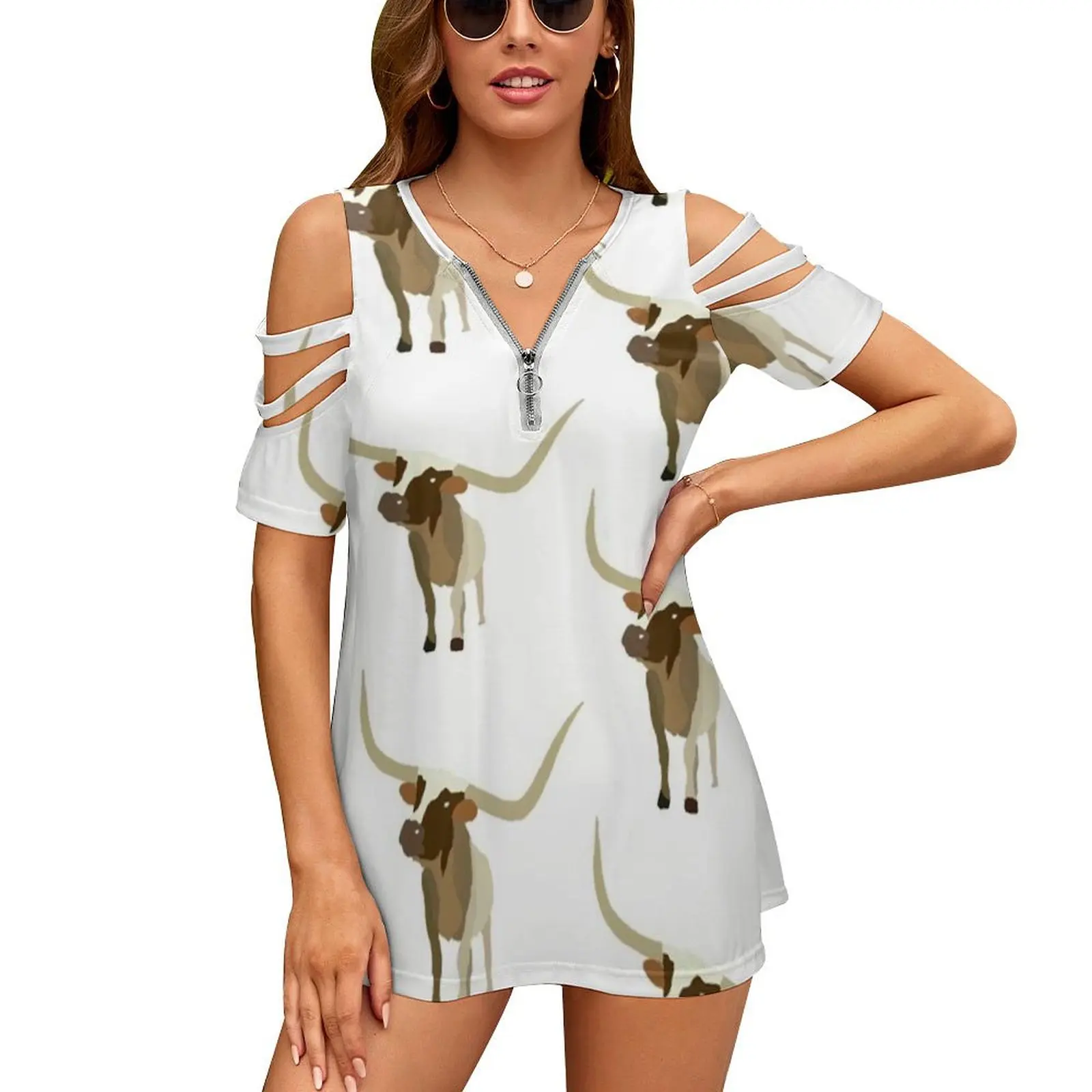 

Женская футболка Longhorn, новая мода, футболки с короткими рукавами и v-образным вырезом с принтом на молнии, повседневные футболки больших размеров Longhorn Cow Texas Farm