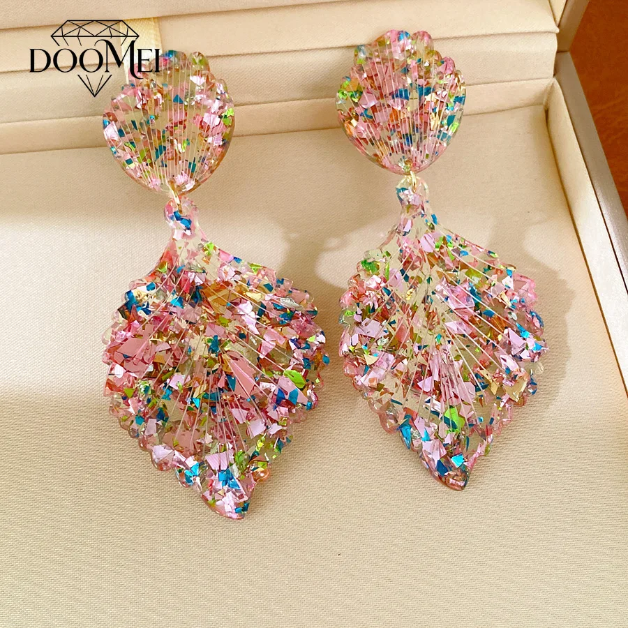 DOO MEI Sparkly Confetti Resin Leaf Dangle Earrings ForSequins Double Layer Drop Earrings Bohemian Holiday Party Beach Jewelry