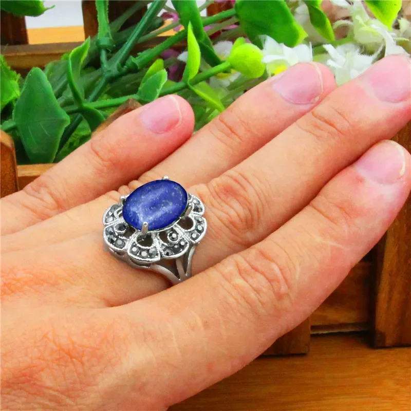 Oval Natural Lapis Lazuli Rings For Women Plum Flower Rhinestone Vintage Look Antique Silver Plated Fashion Jewelry TR687