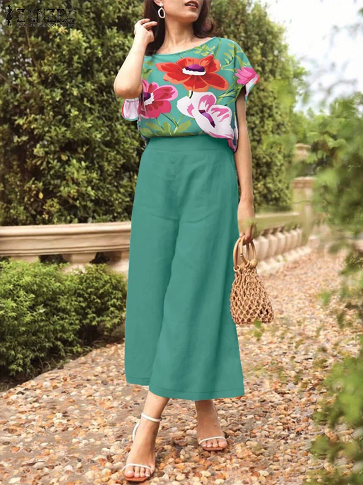 

ZANZEA Daily Women 2PCS Outfits Summer Floral Print Boatneck Short Sleeve Blouses Wide Leg Pants Casual 2 Piece Sets Pant Sets