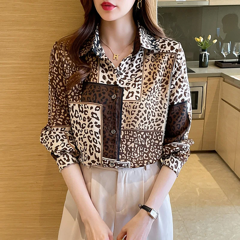 Imagem -04 - Blusa Feminina de Manga Comprida com Padrão de Leopardo Top Fino para Menina Estilo Europeu e Americano Simplicidade para Senhora