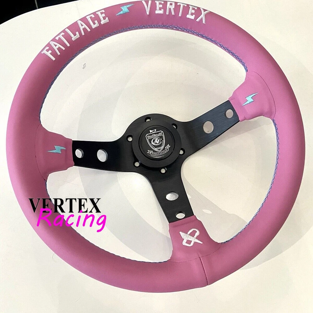 

330MM Universal Girly Pink Racing Vertex Steering Wheel JDM Deep Corn Sport Game Leather Fatlace VERTEX Steering Wheel