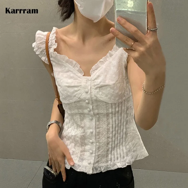 Karrram Korean Fashion Lace T-shirt Grunge Fairycore Corset Tops V-neck Patchwork Y2k Tops Kawaii Puff Sleeve Tee Shirt Vintage