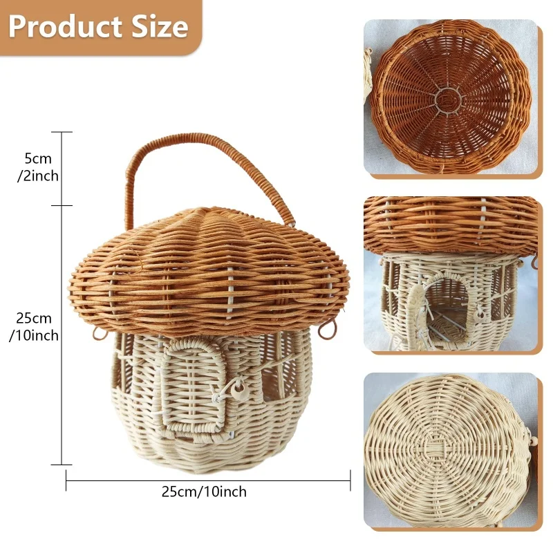 Cestino per funghi in rattan Simpatico cartone animato intrecciato a mano con dado Cestino in vimini Picnic all\'aperto Borsa da donna in paglia