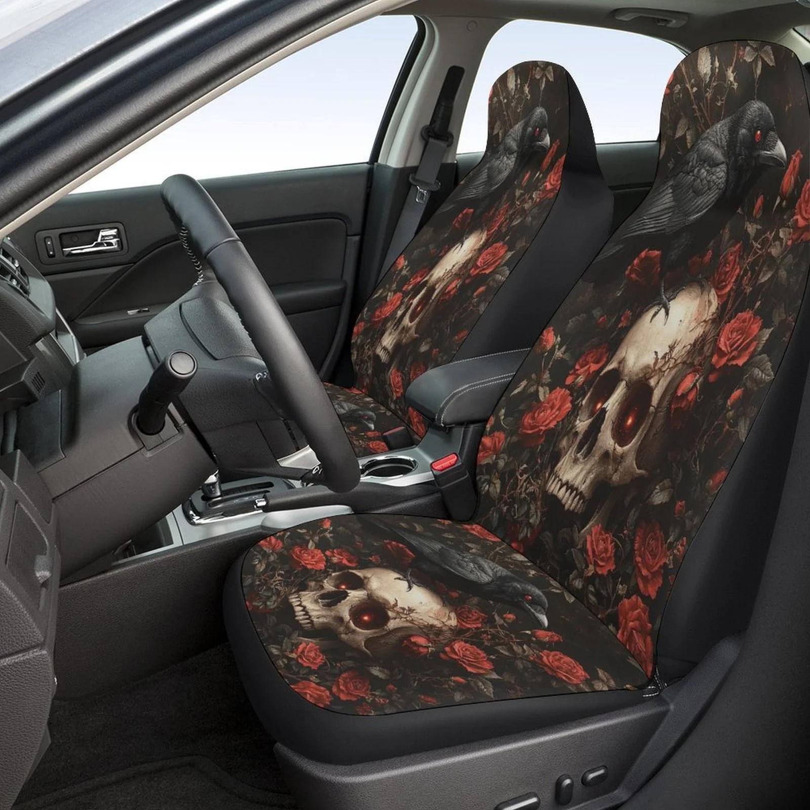 Full Set Raven Skull & Car Seat Covers - Gothic Fit Suitable For Various Vehicles, Front & Rear Seat Protectors With Raven Skull