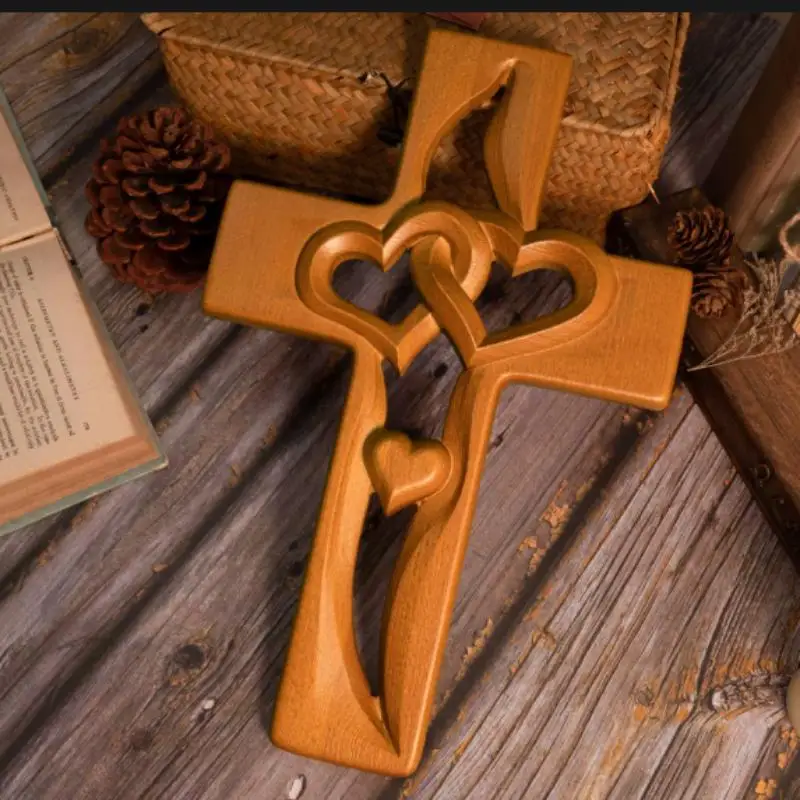 Hand-Carved Intertwined Hearts Cross Wall Decoration Rustic Wooden Double Hearts Cross Wall Sculpture Religious Decor