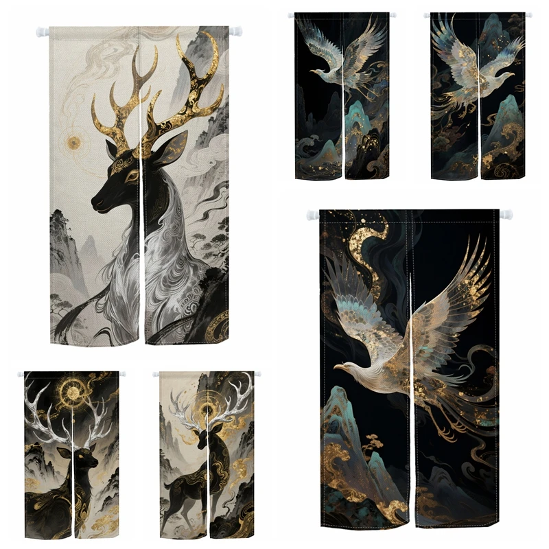 Noren Animal Pattern Door Curtains Golden Deer Flying Phoenix Design Printed Linen Doorway Curtains Kitchen Bedroom Half Curtain