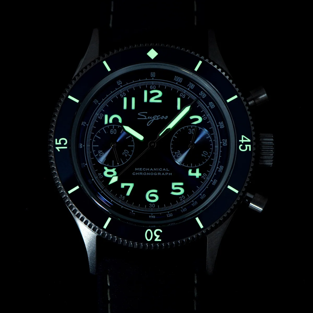 Sugess-Reloj de pulsera mecánico para hombre, cronógrafo con esqueleto luminoso, cristal, zafiro, cuero, 2022