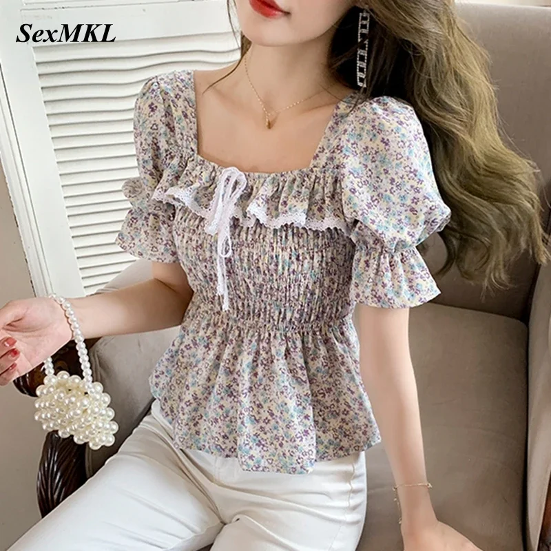 

Summer Vintage Chiffon Blouses Women 2025 Fashion Floral Print Ruffles Bustier Top French Slim Puff Sleeve Corset Top Blouse XL