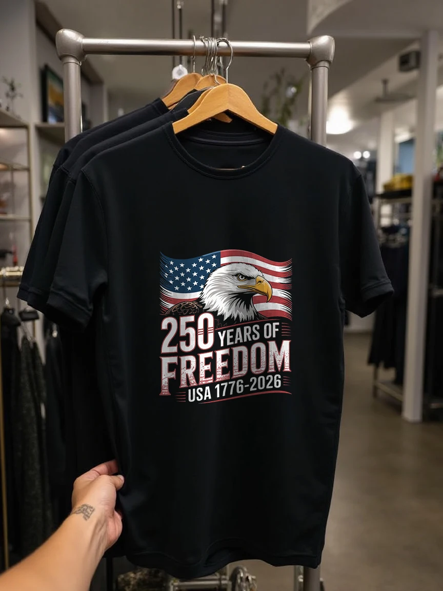 Camiseta de manga corta para hombre a la moda con diseño patriótico americano, con un águila de cabeza blanca que simboliza la libertad combinada con un patrón de bandera estadounidense, que conmemora el 250.º aniversario de la libertad desde 1776 hasta 2026. Impresiones Únicas que Resaltan la Individualidad y la Emoción. Compre Ahora!