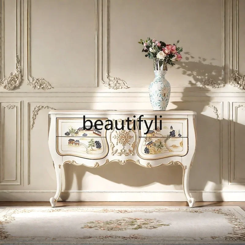 

D06 French light luxury painted porch cabinet entry foyer wall storage decoration, European villa carved drawer cabinet