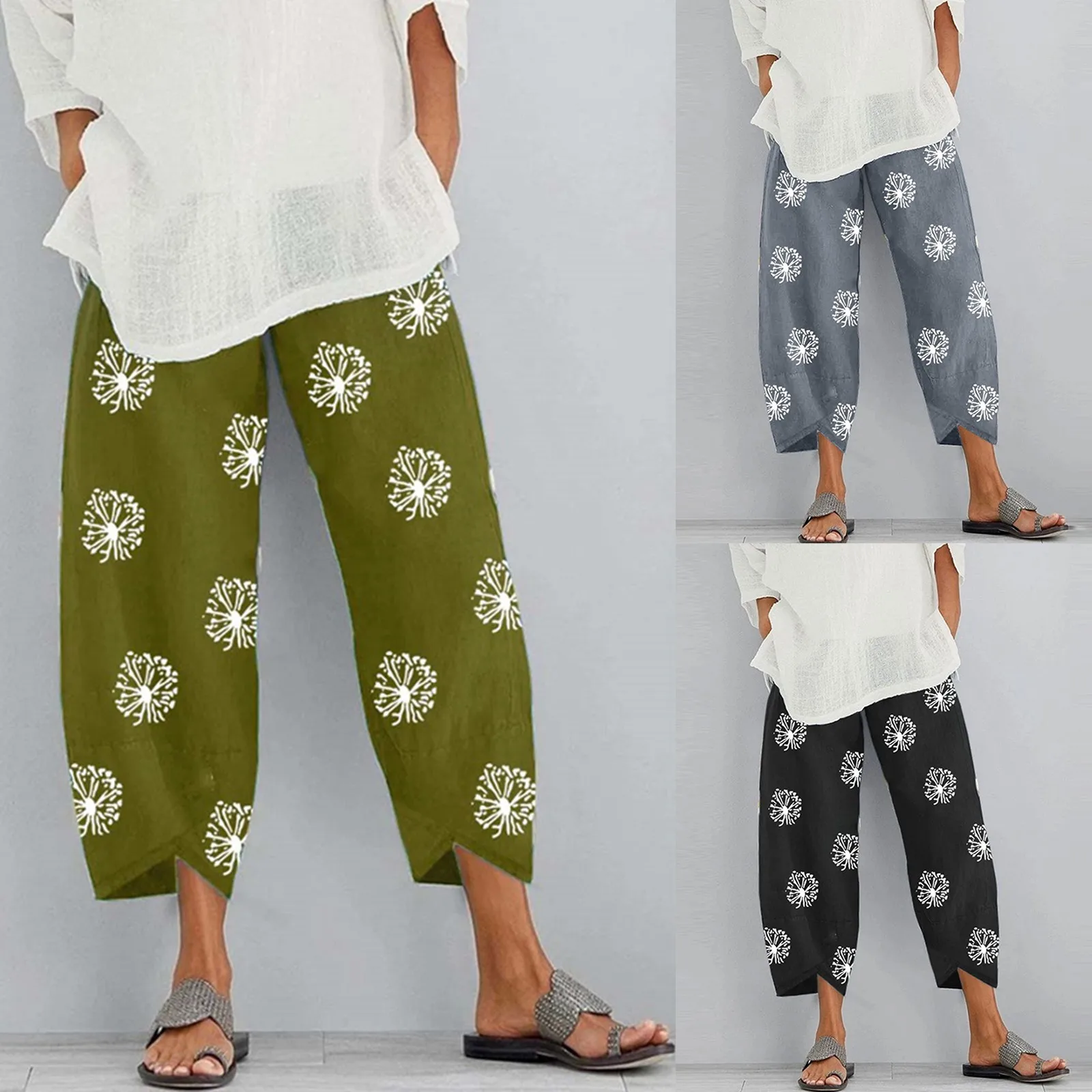 

Cotton Linen Vintage Women Pants 2024 Summer Elastic Waist Irregular Trousers Pantalon Casual Dandelion Print Cropped Pants