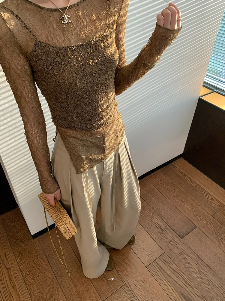 

Bla Lace Hollow out Side Slit Skirt And Top Set Women's Loose Fit Long Sve round Ne Two-Piece Outfit Nylon Spandex Blend